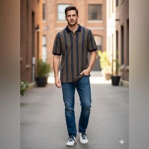 Catalina Men's Polo Shirt - Brown with Blue Stripes